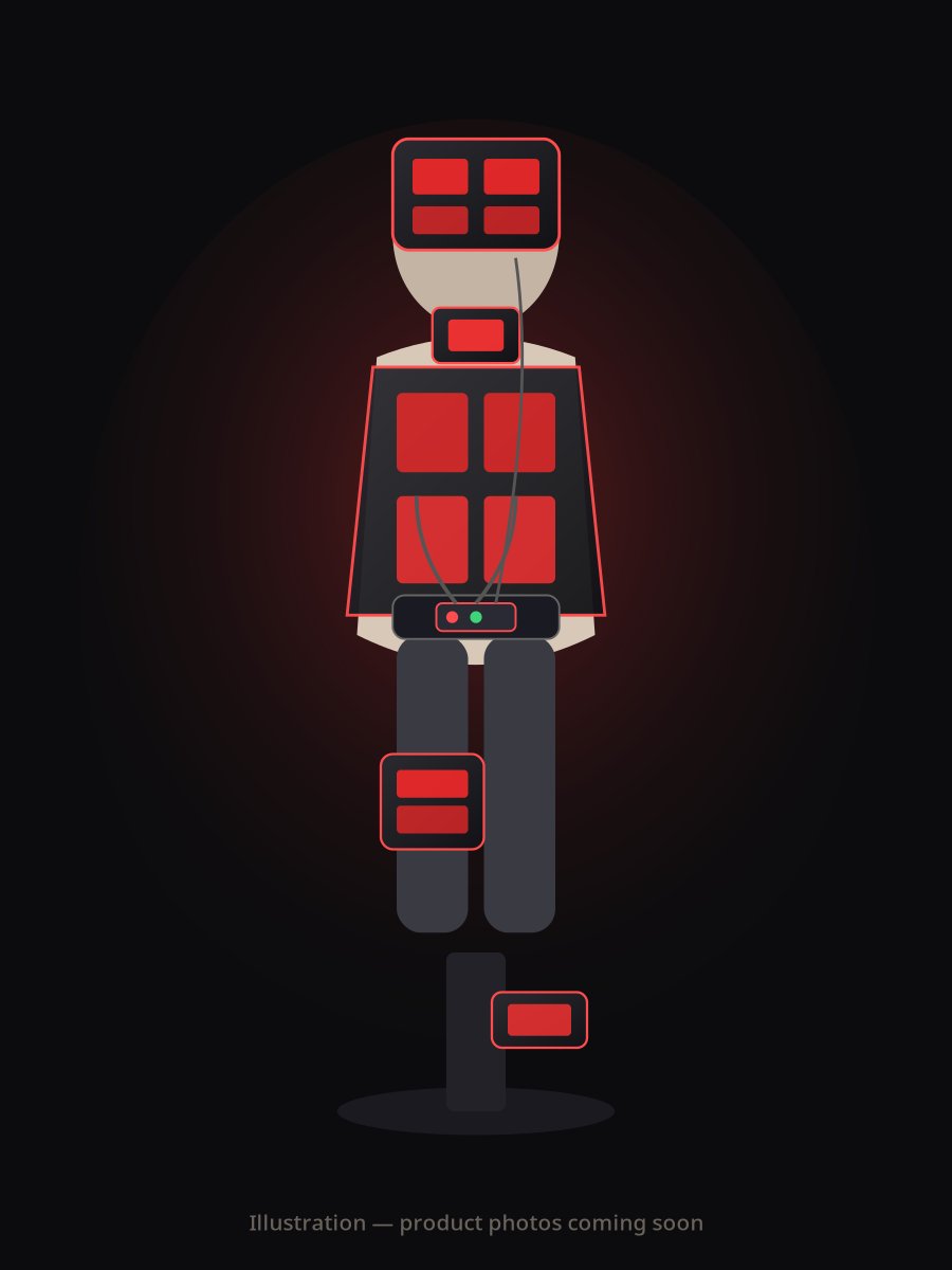 Illustration of a person wearing a rectangular-panel vest, hat, neck pad, thigh wrap, foot wrap, and a small belt controller